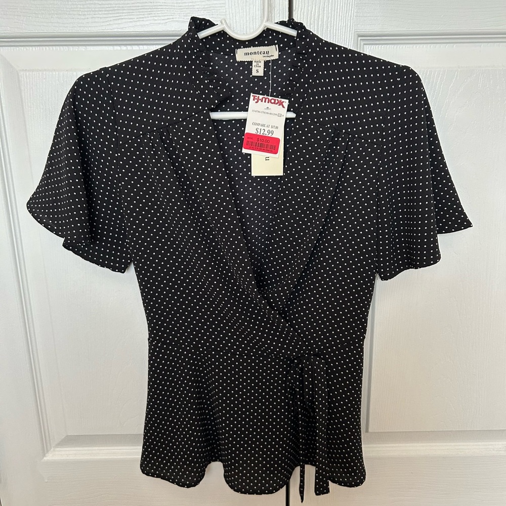 Monteau Black Polka Dot Blouse •Peplum Blouse with a Faux Wrap Tie Waist •SMALL
